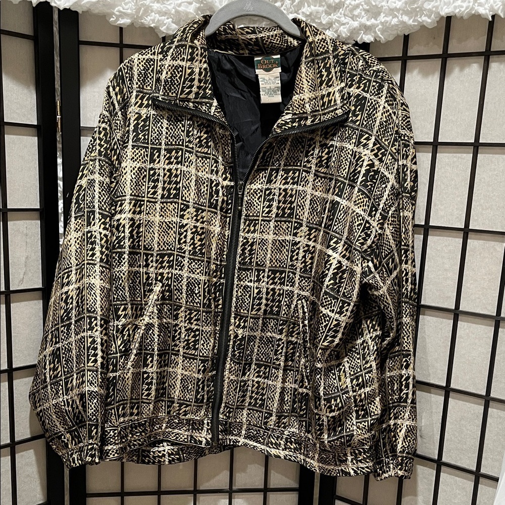OUT BROOK VINTAGE, Black and Cream ANIMAL Print SILK TRACK JACKET SIZE L